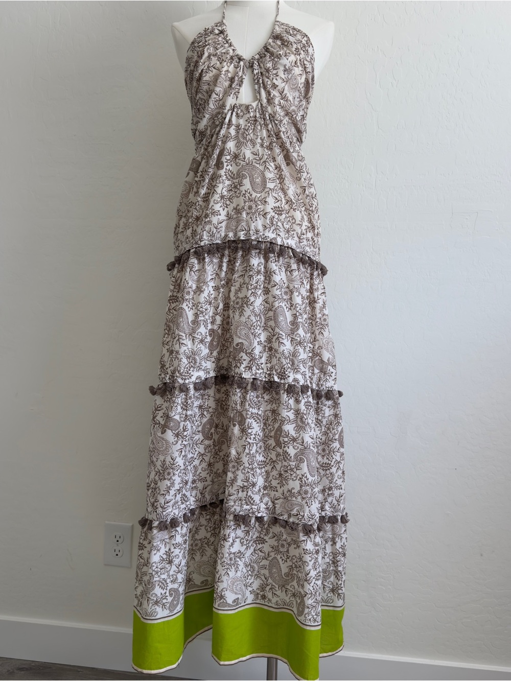 VENUS Beige Paisley Halter Tiered Maxi Dress with Lime Hem
